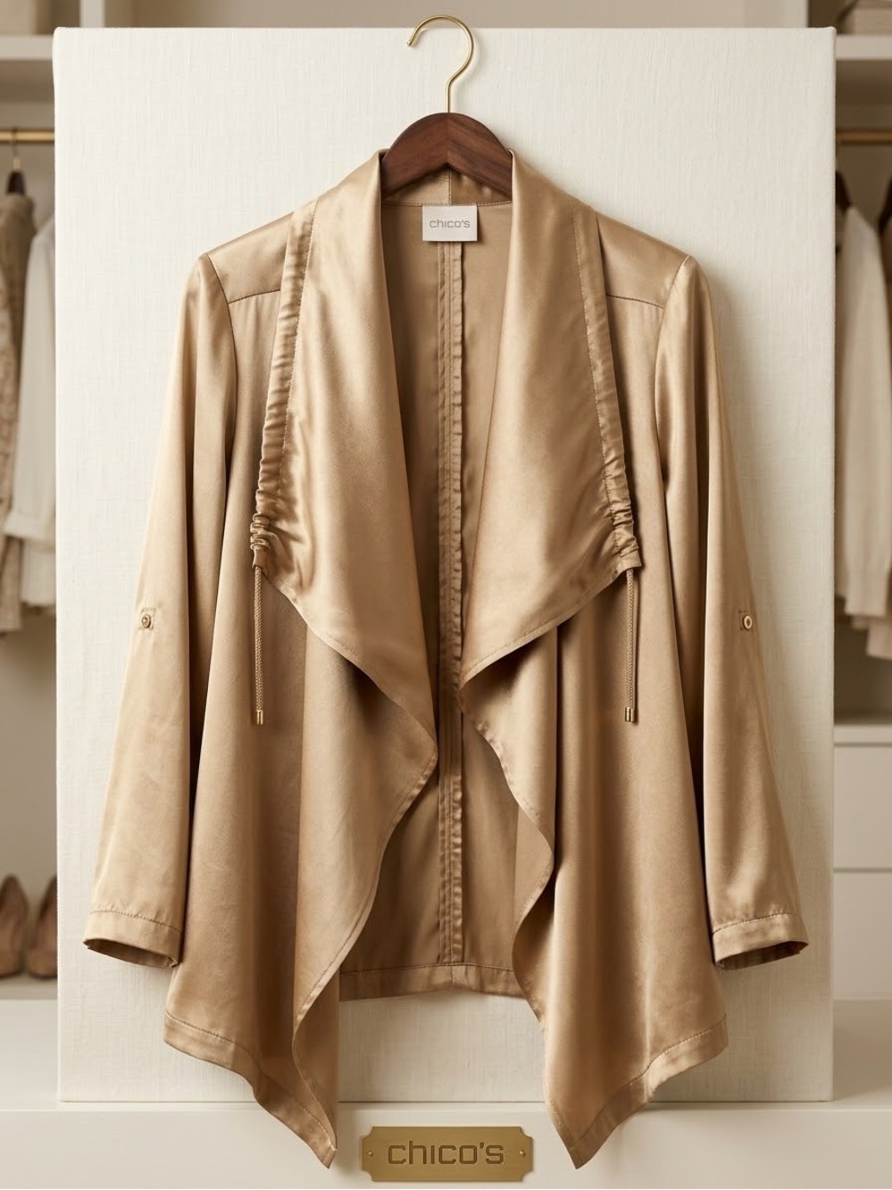 Chico's Metallic Bronze Satin Drape Front Jacket |